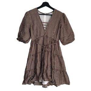 FAITHFUL THE BRAND babydoll midi dress  Brown Gingham Tiered Linen Prairie Core